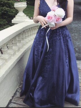 Navy Blue flower laced Prom Dress ( Tailored)